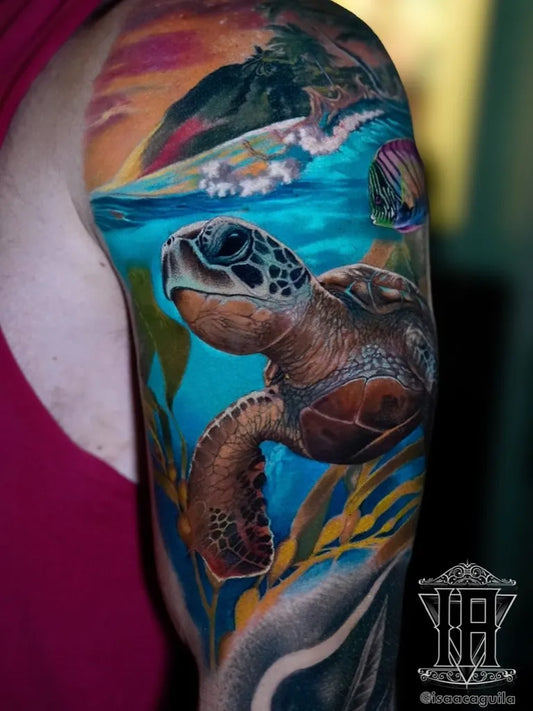 Big Realism Sea Turtle and Coral Reef Tattoo on Women Shoulder by @isaacaguila