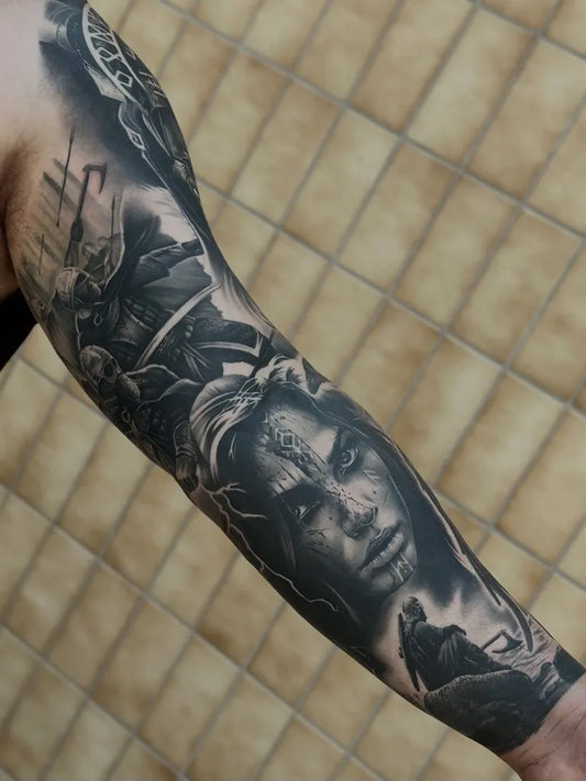 Big Realism Ship Viking Woman Tattoo on Men Arm by @sushitattoos