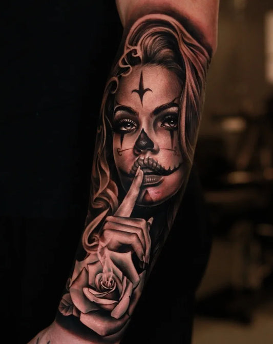 Big Realism Skeleton Woman with Rose Tattoo on Women Arm by @breno_salestattoo