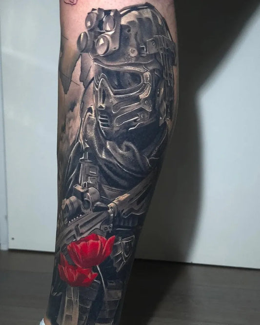 Big Realism Skull Soldier Poppy Military Tattoo on Men Thigh by @crankycraigstattoos