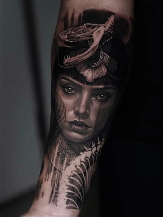Big Realism Snake Crown Portrait Tattoo on Women Arm by @gbaby_inks