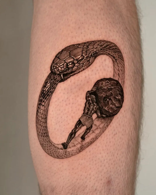 Big Realism Snake Ouroboros with Atlas and Globe on Men Leg Tattoo by @graycodetattoo