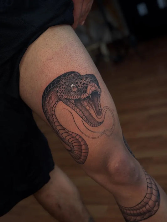 Big Realism Snake on Men Thigh Tattoo by @rxfalara
