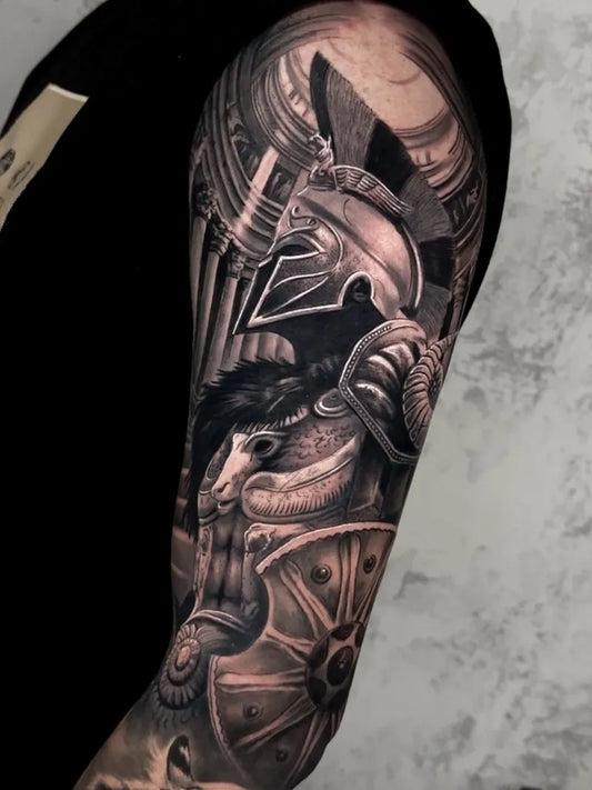 Big Realism Spartan Warrior Shield Dragon Tattoo on Men Arm by @ceretotattoo