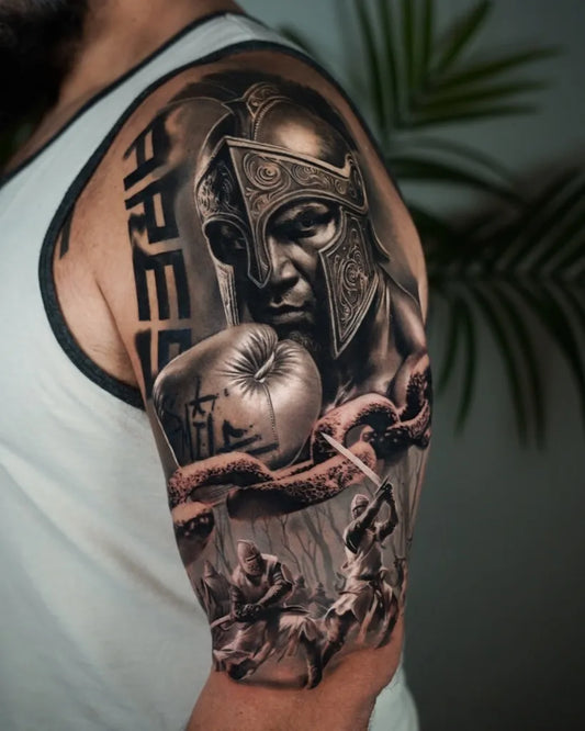 Big Realism Spartan Warrior with Chains and Apple Tattoo on Men Arm by @dani_ginzburg