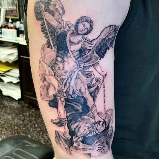 Big Realism St Michael Slaying Dragon Tattoo on Men Arm by @bobby_meyer_