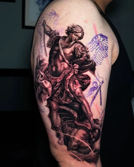 Big Realism St Michael Slaying Dragon Tattoo on Men Upper Arm by @reyr1tattoo