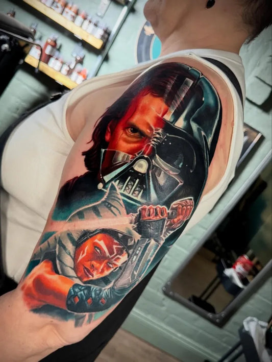 Big Realism Star Wars Ahsoka and Anakin Tattoo on Women Arm by @jonarton
