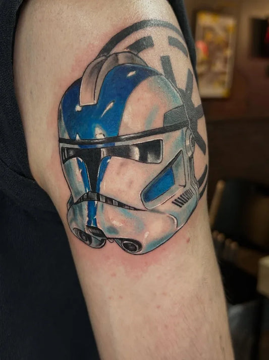 Big Realism Star Wars Clone Trooper Helmet Tattoo on Men Upper Arm by @sab_tattoos