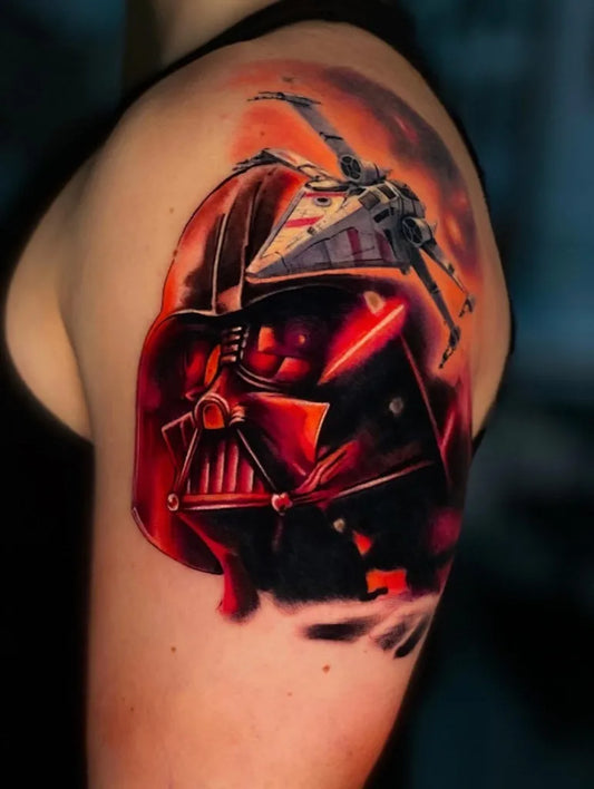 Big Realism Star Wars Darth Vader and X Wings Tattoo on Men Shoulder by @dariaopasiak.tattoo