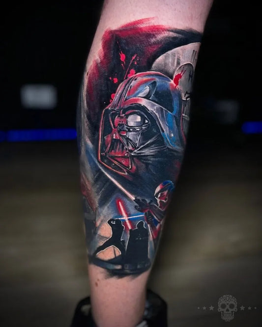 Big Realism Star Wars Darth Vader with Lightsaber Tattoo on Men Leg by @crafttattoomaidstone