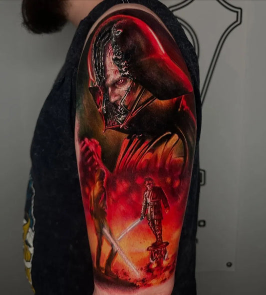 Big Realism Star Wars Duel Tattoo on Men Arm by @joshuaandersontattoo