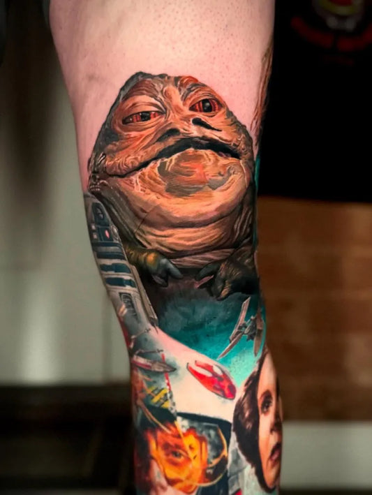 Big Realism Star Wars Jabba the Hutt and Princess Leia Tattoo on Men Thigh by @jonarton