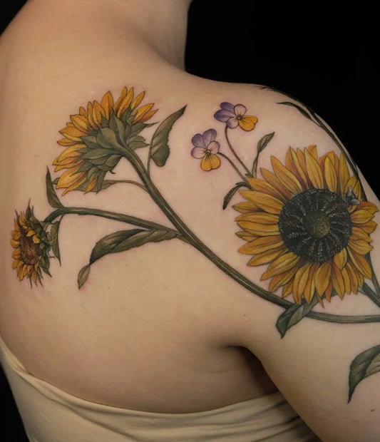 Big Realism Sunflower Violet on Women Shoulder Tattoo by @sashavorb_tattoo