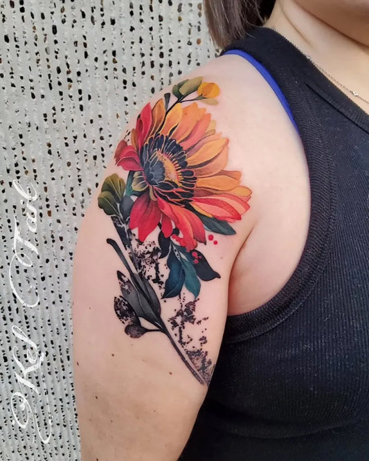 Big Realism Sunflower and Leaves on Women Shoulder Tattoo by @keltait_t2