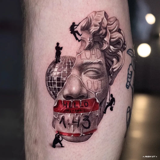 Big Realism Surreal David Head with Climbing Figures and Disco Ball Tattoo on Men Arm by @pashatattoo_et