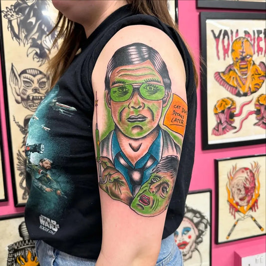 Big Realism The Fly Transformation Horror Tattoo on Women Arm by @paulrestontattoo