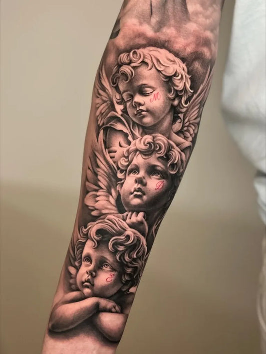 Big Realism Three Cherubs Tattoo on Men Arm by @davincitattooatelier