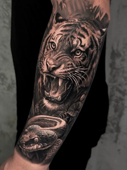 Big Realism Tiger and Snake Men Arm Tattoo on Men Arm by @ceretotattoo