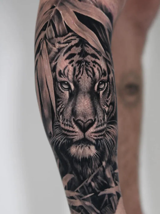 Big Realism Tiger with Bamboo Men Leg Tattoo on Men Leg by @tattoojoey_boyd