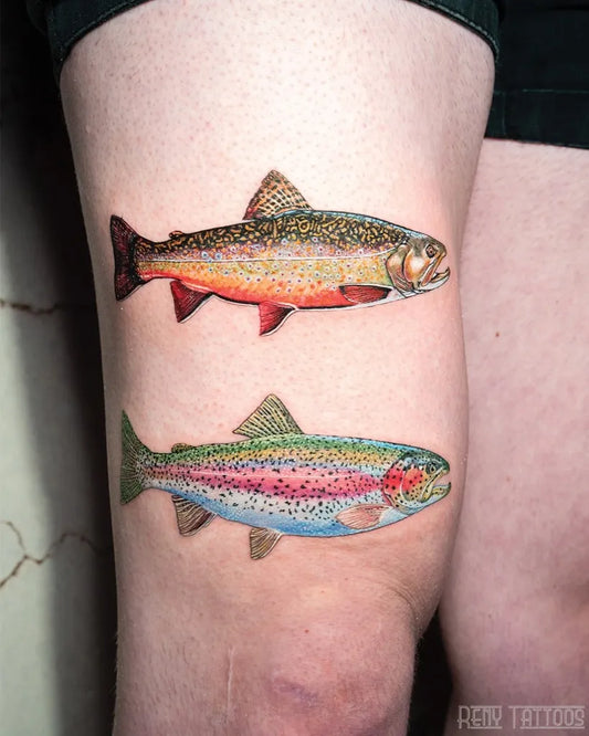 Big Realism Two Trout Fish Tattoo on Men Thigh by @renytattoos