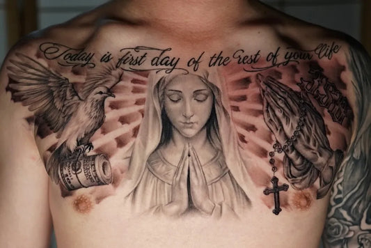 Big Realism Virgin Mary Doves Praying Hands on Men Chest Religious Tattoo by @takeda_schatzmann