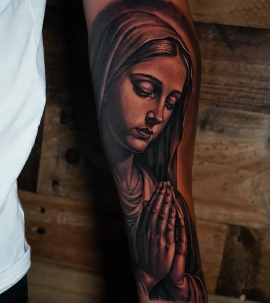 Big Realism Virgin Mary Praying on Men Arm Religious Tattoo by @edgarc_rod
