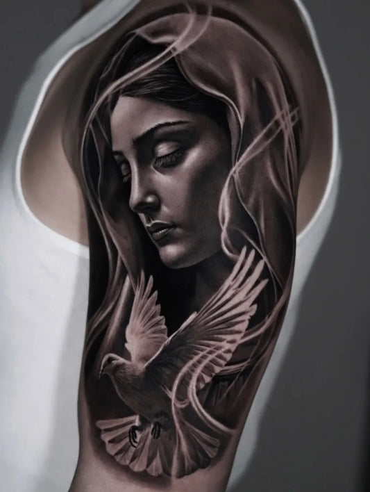 Big Realism Virgin Mary with Dove Tattoo on Women Shoulder by @gbaby_inks