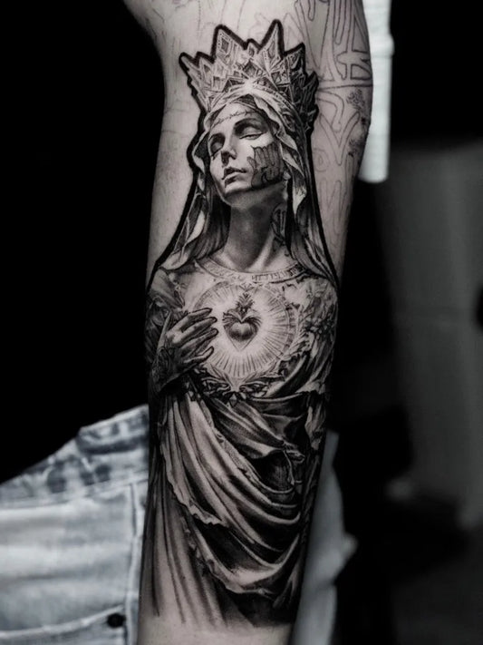 Big Realism Virgin Mary with Sacred Heart Tattoo on Women Arm by @liro_tattoo
