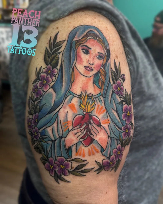 Big Realism Virgin Mary with Sacred Heart and Flowers Tattoo on Women Shoulder by @peach_panther13