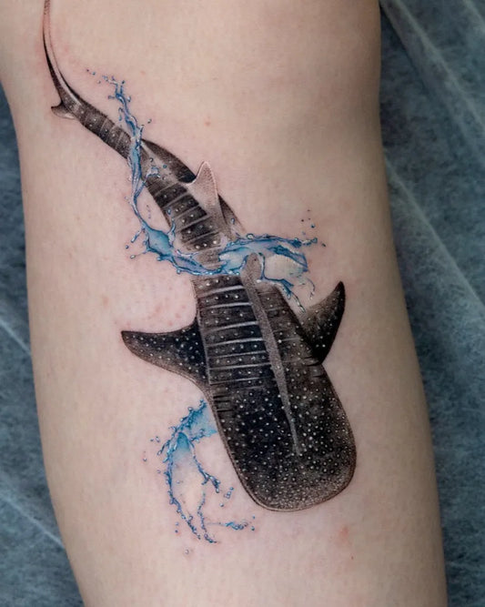 Big Realism Whale Shark with Water Splash on Women Arm Tattoo by @suya_ink