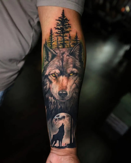 Big Realism Wolf Forest Moon on Men Arm Tattoo by @marekpawlik_tattooartist