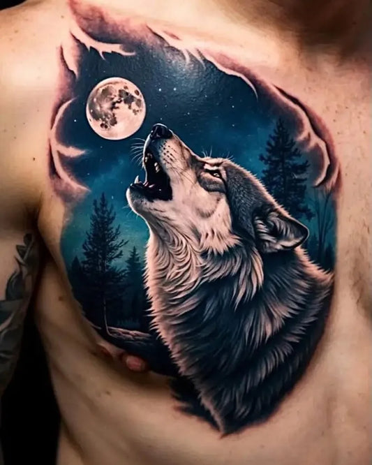 Big Realism Wolf howling at moon with forest on Men Chest Tattoo by @the_creative__tattoo_siliguri