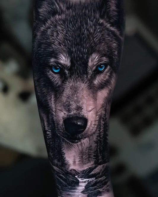 Big Realism Wolf on Men Arm Tattoo by @bega.tattooist