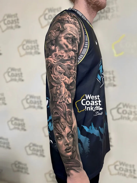 Big Realism Woman Portrait Tattoo on Men Arm by @westcoastinkbali