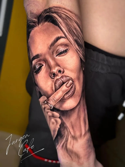 Big Realism Woman with Cigarette Tattoo on Women Arm by @moverada.tattoo