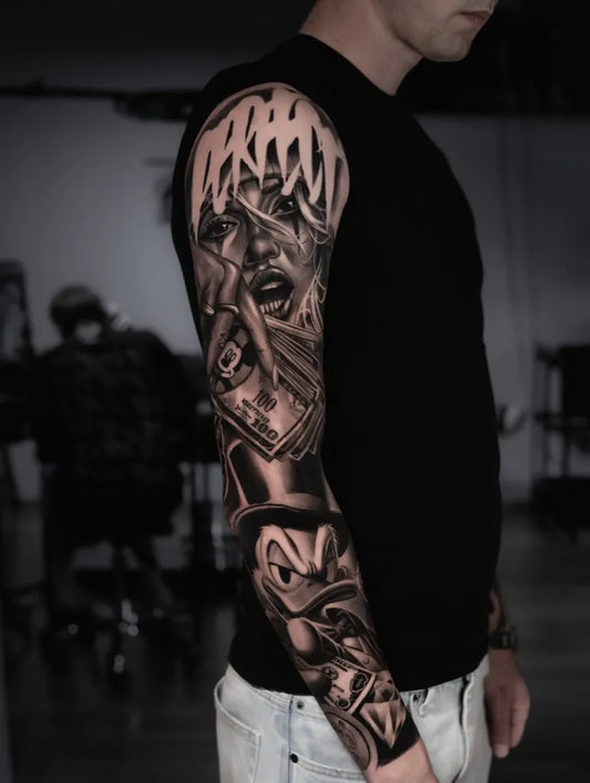 Big Realism Woman with Money and Mickey Mouse Tattoo on Men Arm by @kiryl_st_tattoo