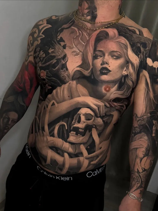 Big Realism Woman with Skull and Snake Men Torso Tattoo on Men Chest by @simonecovallero_tattoo