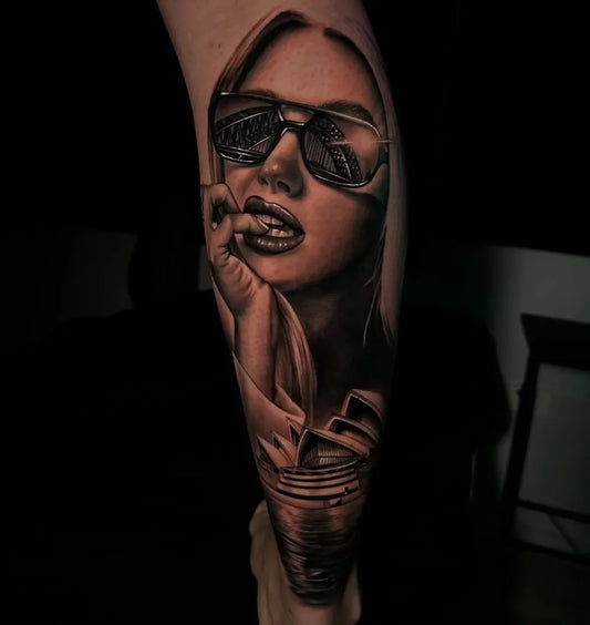 Big Realism Woman with Sunglasses and Drink Tattoo on Women Leg by @neonhearttattoo