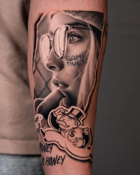 Big Realism Woman with Sunglasses and Moneybags Tattoo on Women Arm by @dani_ginzburg