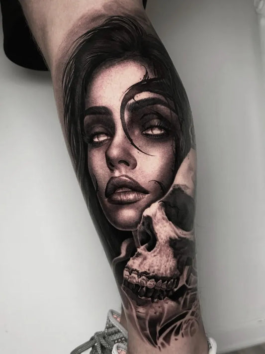 Big Realism Woman with skull Tattoo on Women Leg by @riko_tattoo