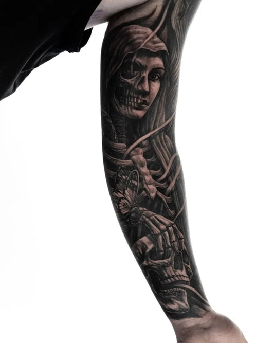 Big Realism Womans Skull Face with Skeleton and Flowers Tattoo on Women Arm by @808byjack