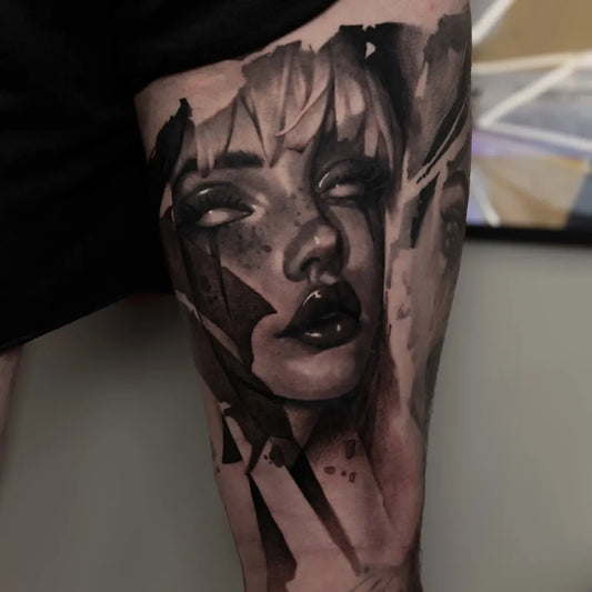 Big Realism Womens Face Tattoo on Women Leg by @patrik.stellar