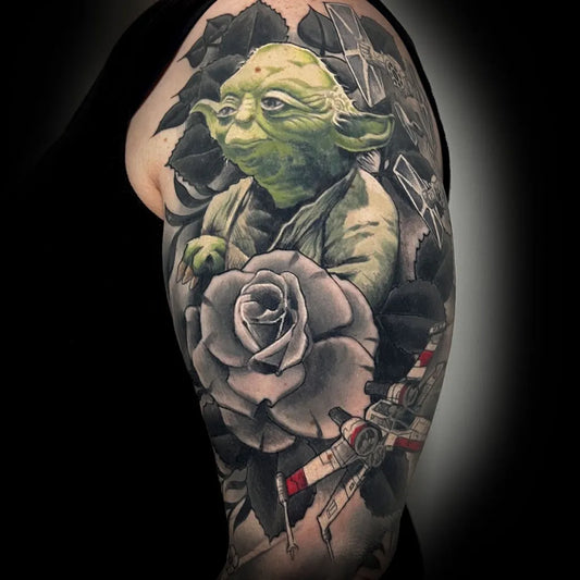 Big Realism Yoda with Rose and X Wing Tattoo on Women Shoulder by @richardzappatattoo