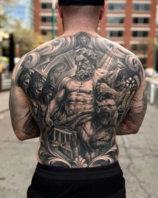 Big Realism Zeus Lion Throne Tattoo on Men Back by @dayantorresart
