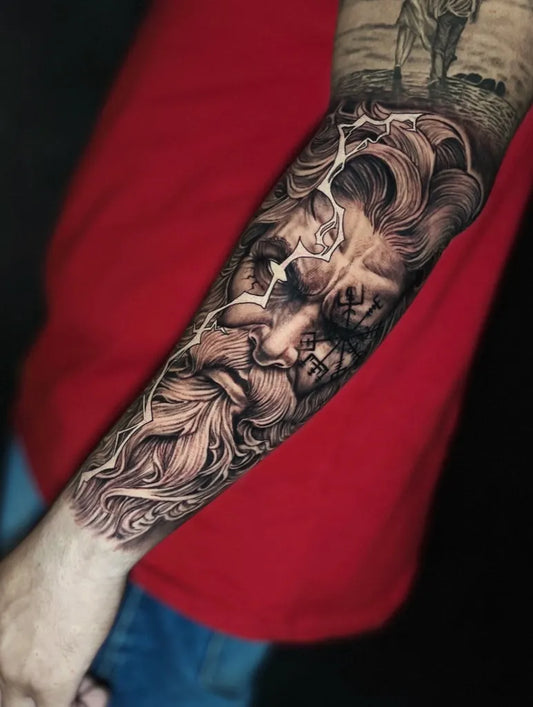 Big Realism Zeus with Lightning and Horse Tattoo on Men Arm by @wesley.tattoo_
