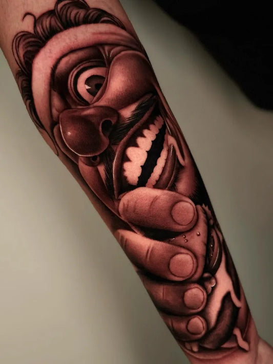 Big Realism clown face with fingers Tattoo on Men Arm by @nicoladivanoo