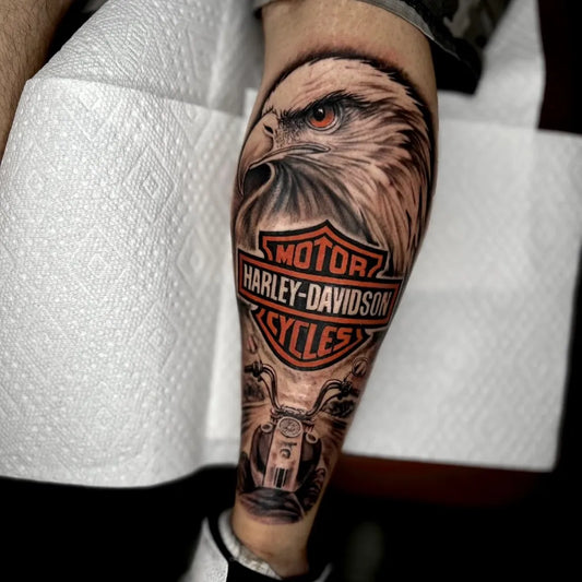 Big Realistic Eagle Harley Davidson Motorcycle on Men Leg Tattoo by @lkt_luciano