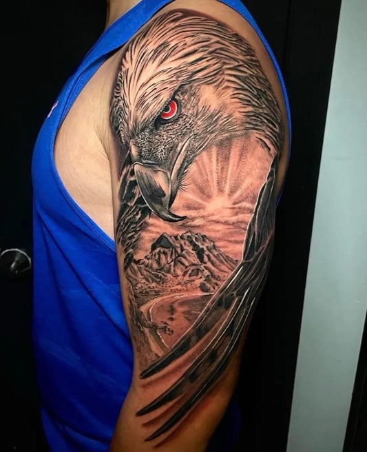 Big Realistic Eagle Mountain Sun on Men Shoulder Tattoo by @threekingsli
