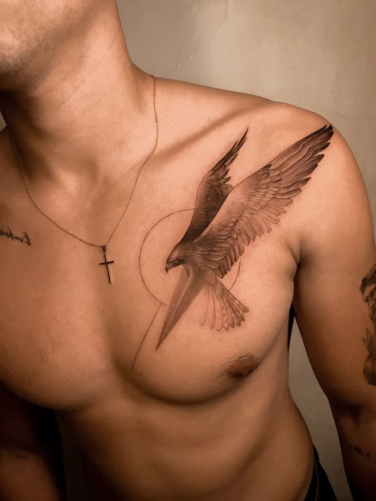 Big Realistic Falcon on Men Chest Tattoo by @daniel_berdiel